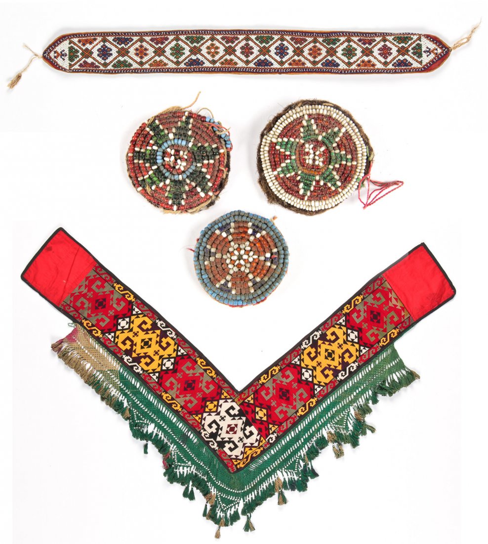 Group of Central Asian Trappings: Group of Central Asian Trappings: 1) Uzbek cross-stitch silk V-form embroidery with stylized gulŒæpatterns supported on floral-printed cotton base, early 20th c. 2) Beaded and padded strip (possibly