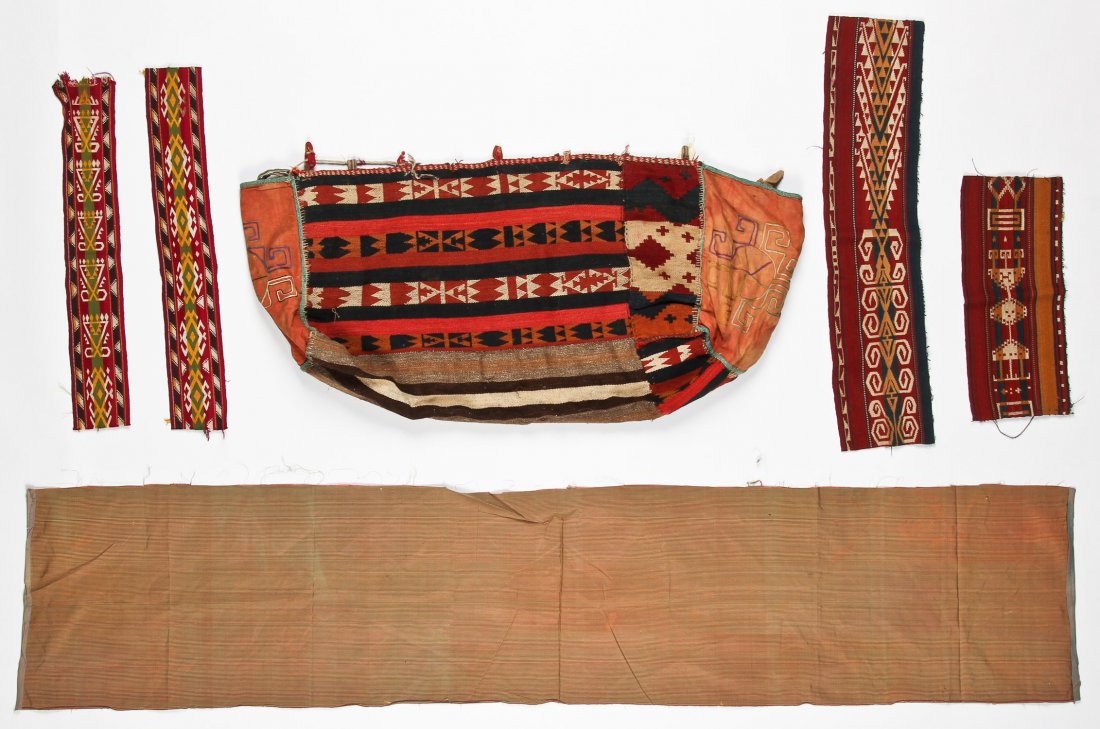 6 Misc. Antique Kilim and Silk Textiles: 6 Misc. Antique Kilim and Silk Textiles: 5 fragments of kilims (one at the top of the remains of a bedding bag); 1 piece striped silk. Largest: 76" x 16", 193 x 41 cm.