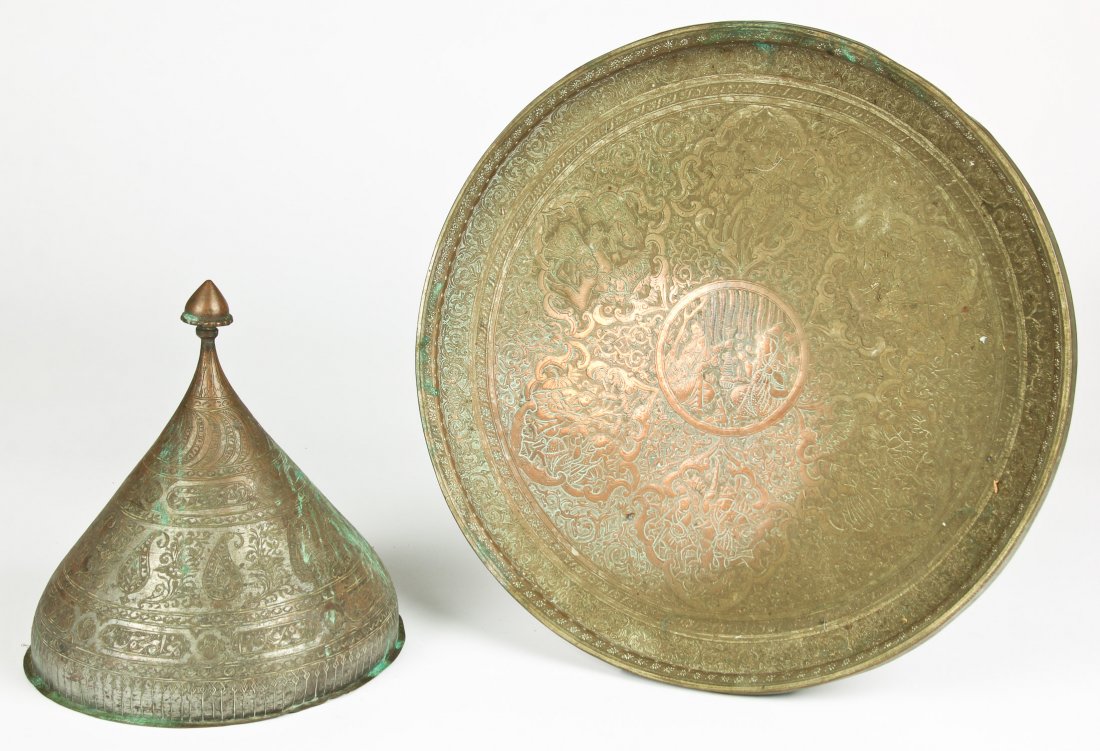 2 Pieces of Persian Tin / Copper: 2 Pieces of Persian Tin / Copper. finely etched with traditional patterns. Size: 16.5", 42 cm (tray); 10" x 9.5" (25 x 24 cm).