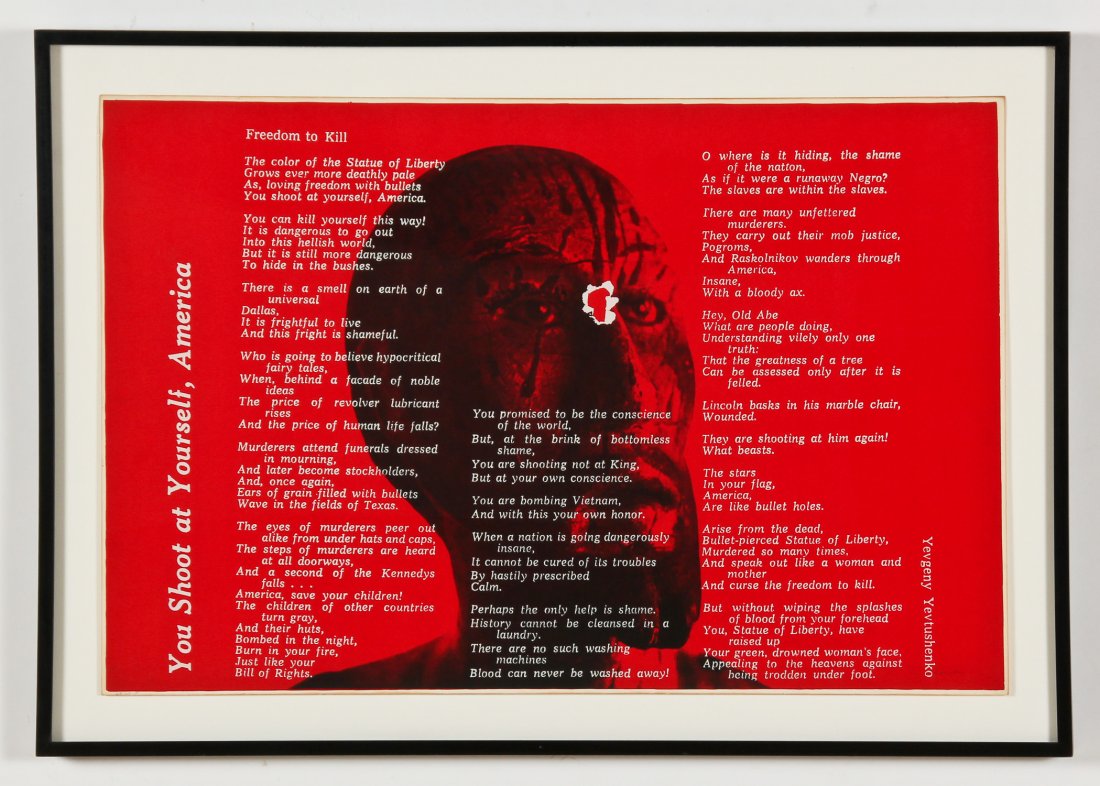 Sister Corita Kent (American, 1918-1986) "You Shoot at: Sister Corita Kent (American, 1918-1986) "You Shoot at Yourself, America", 1968-69, Lithograph, signed. Size: 23" x 35", 58 x 89 cm (sight); 27.75" x 39.75", 71 x 101 cm (frame). Provenance: Bob Brand