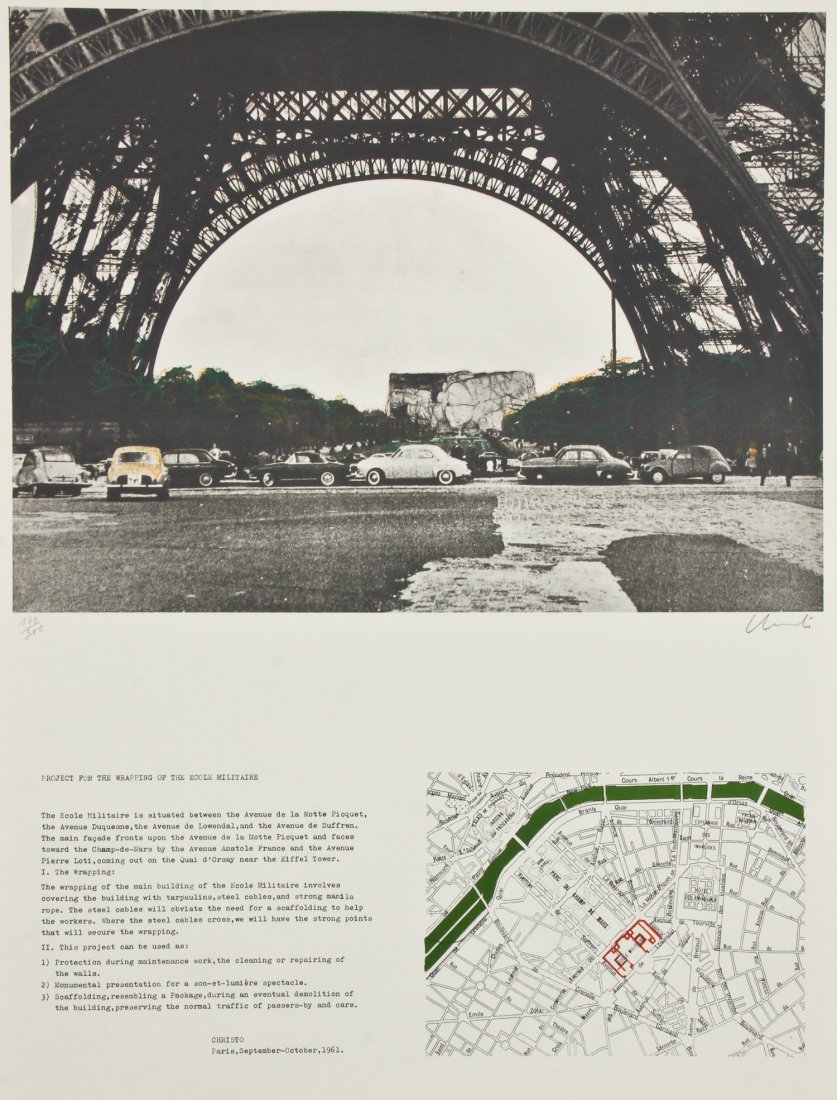 Christo and Jeanne-Claude (1935) "Packed Building,: Christo and Jeanne-Claude (1935) "Packed Building, Project for Wrapping the Ecole Militaire, Paris", 1970, lithograph, from an edition of 300, signed and numbered. Size: 25.75" x 19.25", 65 x 49 cm (s