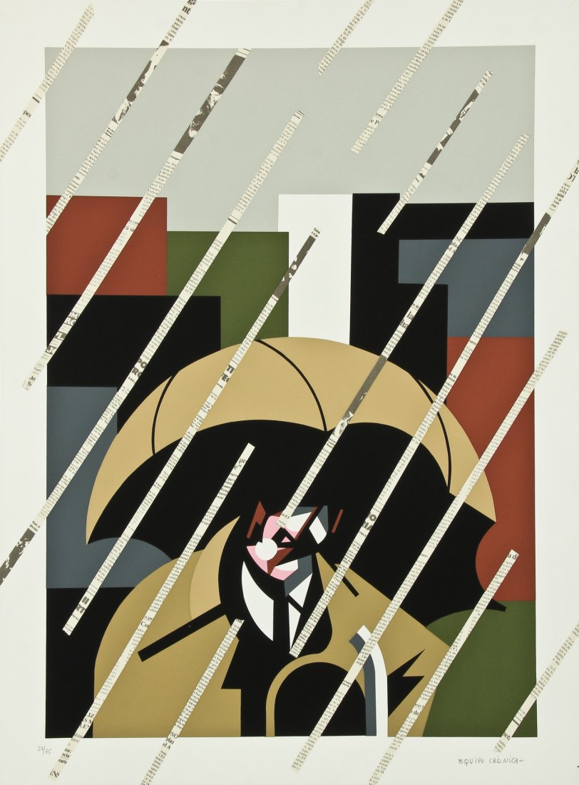 Equipo Cronica (Spanish, 20th c.) "Dio de Iluvia": Equipo Cronica (Spanish, 20th c.) "Dio de Iluvia", serigraph and chine colle, from an edition of 75, signed and numbered. Size: 29" x 21.5", 74 x 55 cm (sheet). Provenance: Bob Brand and Liz Werthan,
