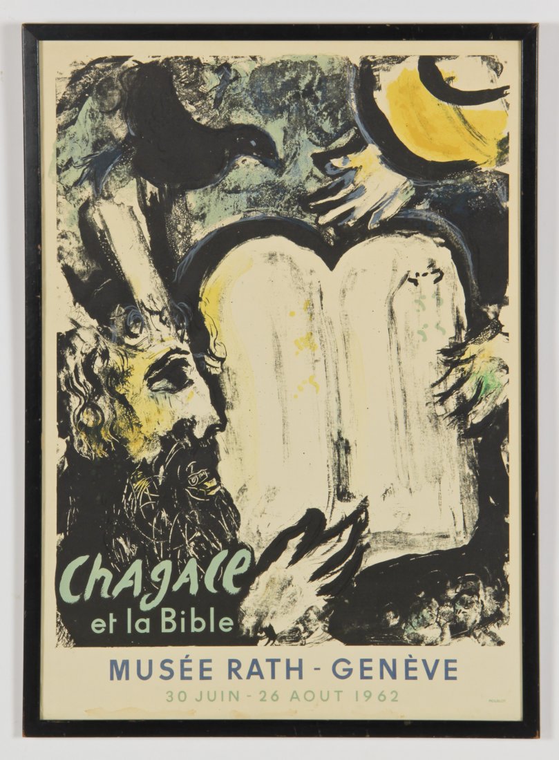 Chagall (1887-1985) 1962 Exhibition Poster: Marc Chagall (French/Russian, 1887-1985) Vintage Exhibition Poster: Chagall et la bible, Musee Rath-Geneve, 1962, color lithograph poster. Size: 29.25" x 20.75", 74 x 53 cm (sight); 30.75" x 22.25", 7