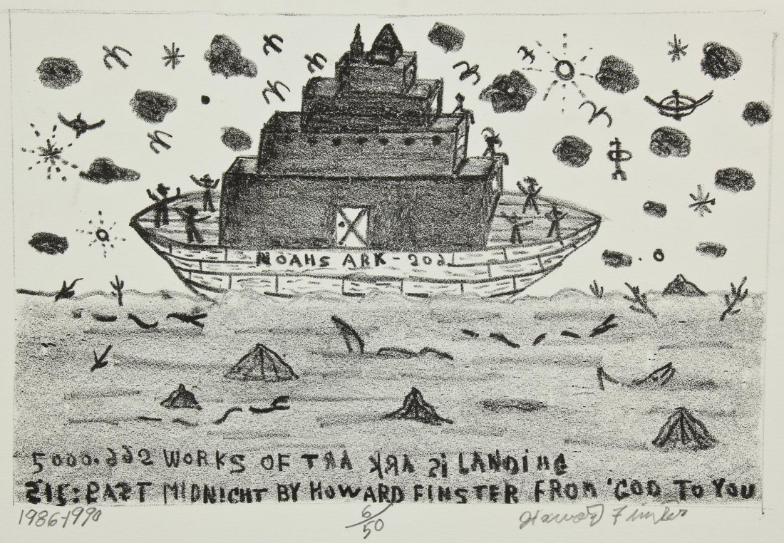 Howard Finster (American, 1916-2001) Lithograph: Howard Finster (American, 1916-2001) 215: Past Midnight (Noah's Ark), 1986-1990, lithograph, from an edition of 50, signed, dated and numbered. Size: 9.75" x 13.5", 25 x 34 cm (sheet). Provenance: Bob