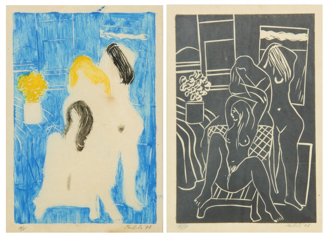 Matt Phillips (American, b. 1927) "Three Sisters",: Matt Phillips (American, b. 1927) Two Works: 1) "Three Sisters" (1 of 2, Nudes), 1978, monotype and embossed linocut, artist proof,signed, numbered and dated. Size: 9.75" x 6.75", 25 x 17 cm (sight);