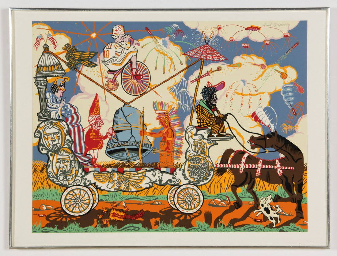 Red Grooms (American, b. 1937) "Bicentennial Bandwagon": Red Grooms (American, b. 1937) "Bicentennial Bandwagon", 1976, screenprint, signed. Size: 26.5" x 34.5", 67 x 88 cm (sheet); 30.25" x 40.25", 77 x 102 cm (frame). Provenance: Bob Brand and Liz Werthan