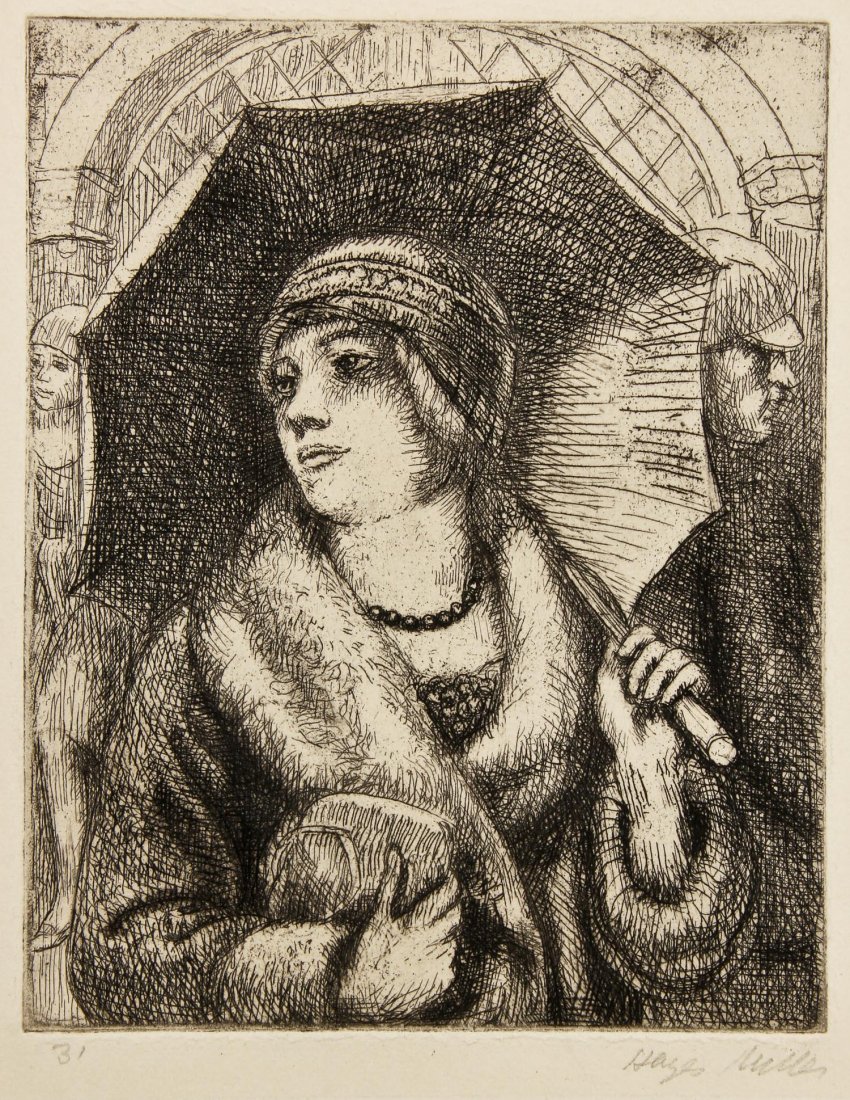Kenneth Hayes Miller (American, 1876-1952) "Shopper: Kenneth Hayes Miller (American, 1876-1952) "Shopper with Umbrella", 1929, etching, from an edition of 31, signed. Size: 11" x 7.75", 28 x 20 cm (sheet). Provenance: Bob Brand and Liz Werthan, Philadel