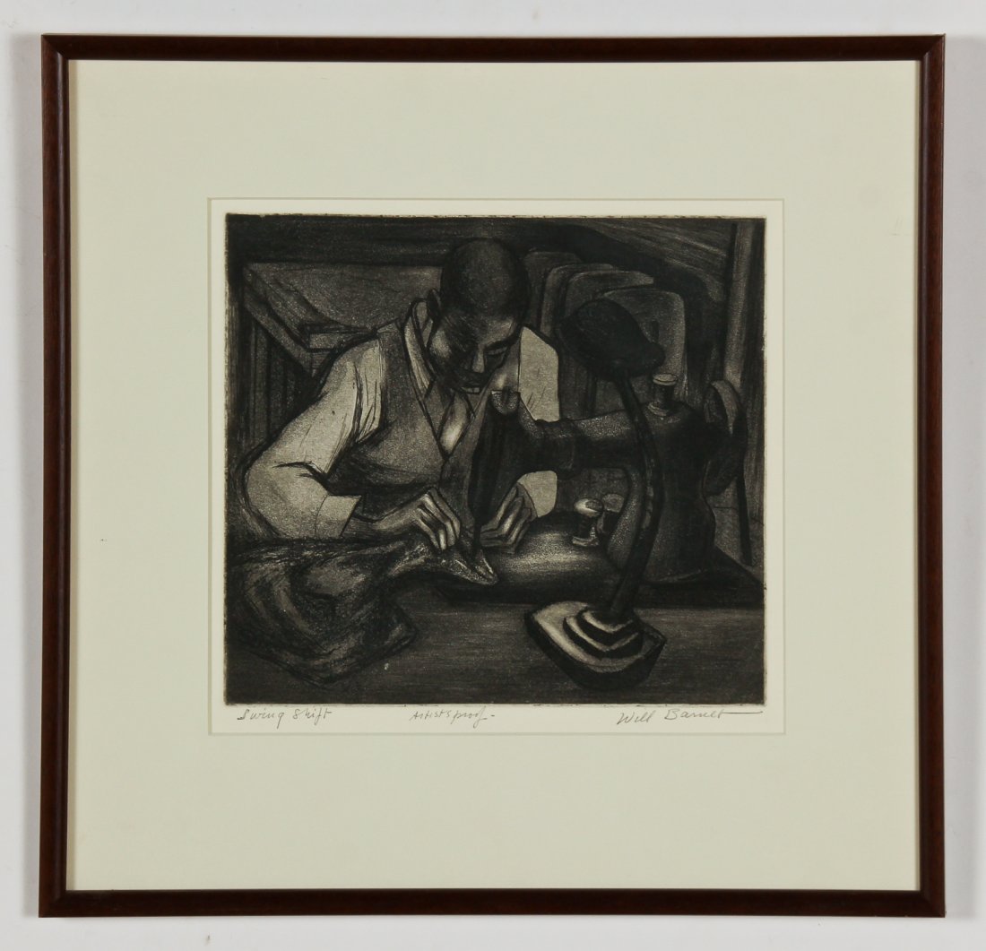 Will Barnet (American, 1911-2012) "Swing Shift", 1937: Will Barnet (American, 1911-2012) "Swing Shift", 1937, aquatint, from an edition of 30, signed and titled. Size: 10.5" x 11.5", 26 x 29 cm (sight); 17.5" x 18", 44 x 45 cm (frame). Provenance: Bob Bra