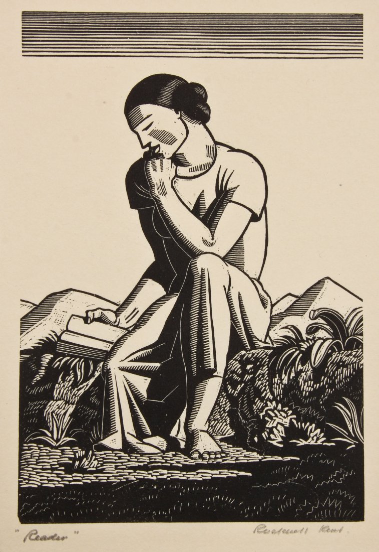 Rockwell Kent (American, 1882-1971) "Reader", 1933: Rockwell Kent (American, 1882-1971) "Reader", 1933, wood engraving, from an edition of 100, signed and titled in pencil. Size: 11.5" x 9.25", 29 x 23 cm (sheet). Provenance: Bob Brand and Liz Werthan,