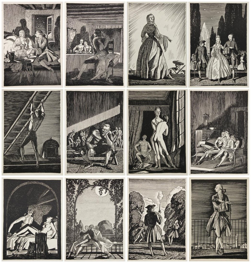 Rockwell Kent (American, 1882-1971) 12 Casanova: Rockwell Kent (American, 1882-1971) 12 Illustrations (frontispieces) for "The Memoirs of Jacques Casanova de Seingalt", 1925, each unsigned. Size: 7.5" x 5.25", 19 x 13 cm (each image). Provenance: Bo