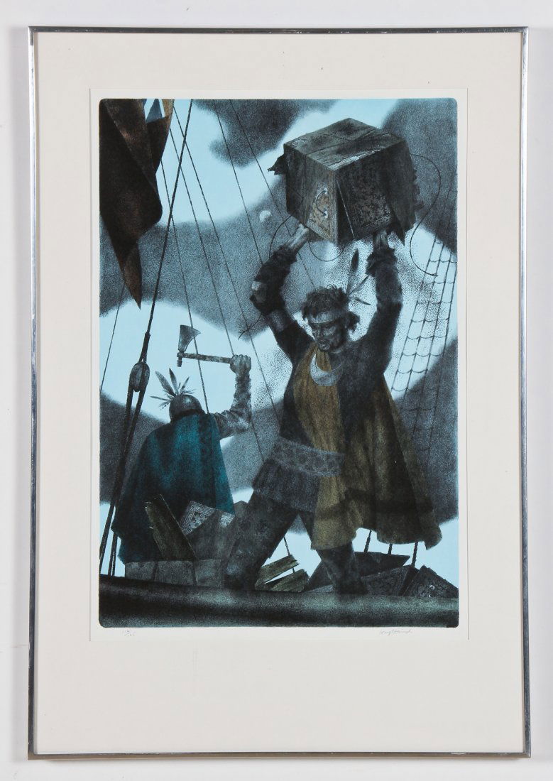 Joseph Hirsch (American, 1910-1981) "Boston Tea Party",: Joseph Hirsch (American, 1910-1981) "Boston Tea Party", 1976, lithograph, signed and numbered. Size: 29" x 20", 73 x 50 cm (sight); 38.25" x 26.25", 97 x 67 cm (frame). Provenance: Bob Brand and Liz W