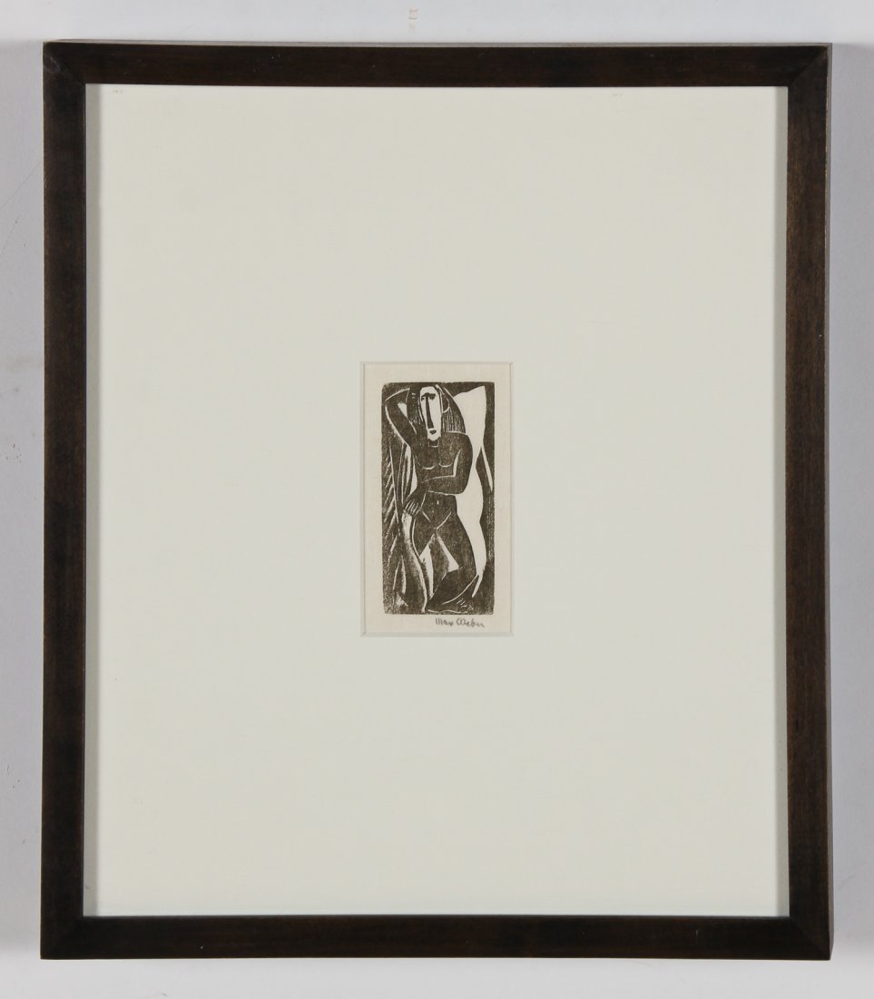 Max Weber (American, 1881-1961) "Standing Nude", 1920: Max Weber (American, 1881-1961) "Standing Nude", 1920, woodcut, signed. Size: 3.75" x 2", 9 x 5 cm (sight); 12.5" x 10.75", 32 x 27 cm (frame). Provenance: Bob Brand and Liz Werthan, Philadelphia.