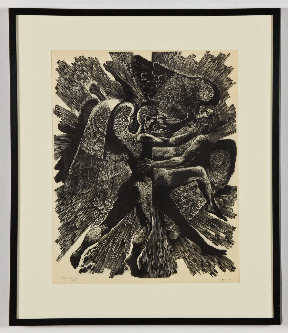 Lynd Ward (American, 1905-1985) "Three Angels", 1969: Lynd Ward (American, 1905-1985) "Three Angels", 1969, wood engraving, signed and titled. Size: 19.25" x 15.25", 48 x 39 cm (sight); 26" x 22.25", 66 x 56 cm (frame). Provenance: Bob Brand and Liz Wert
