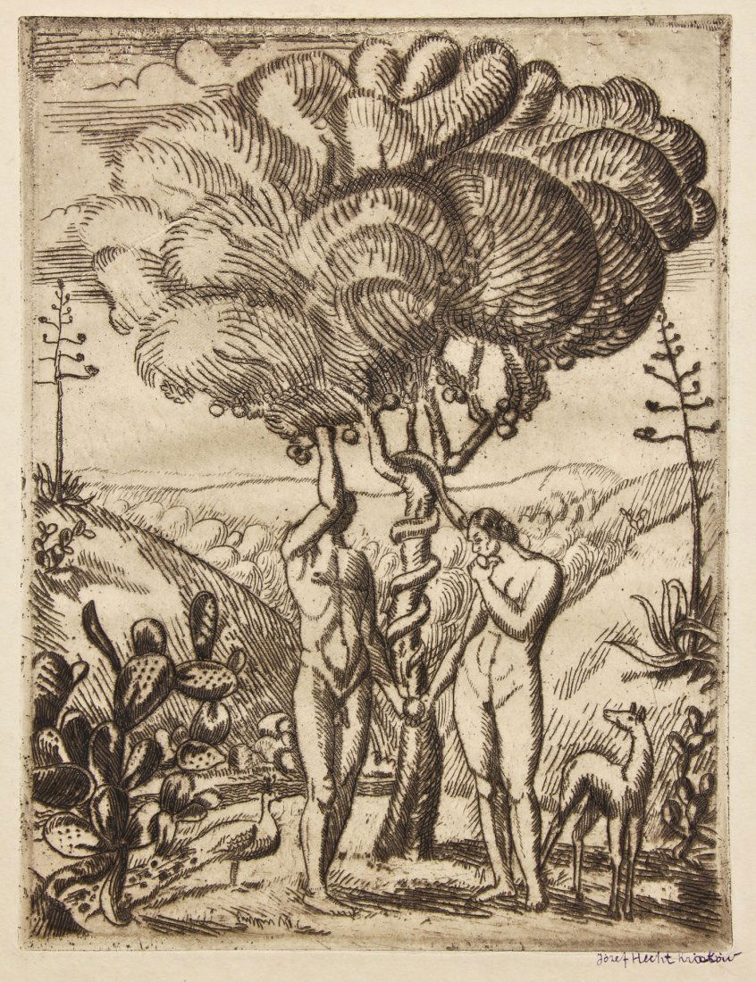 Joseph Hecht (British/Polish, 1891-1951) Adam & Eve au: Joseph Hecht (British/Polish, 1891-1951) Adam & Eve au Serpent (Adam and Eve with Serpent), c. 1928, drypoint etching, signed. Size: 14.25" x 10", 36 x 25 cm (sheet). Provenance: Bob Brand and Liz Wer
