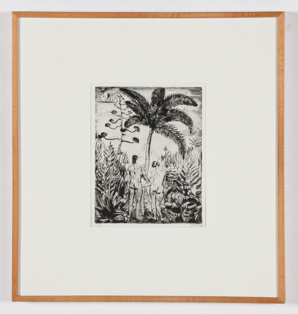 Joseph Hecht (British/Polish, 1891-1951) "Adam and Eve: Joseph Hecht (British/Polish, 1891-1951) "Adam and Eve in Eden", 1920-23, drypoint, from an edition of 30, signed. Size: 11.75" x 9.5", 30 x 24 cm (sight); 23.5" x 22.25", 60 x 57 cm (frame). Provenan