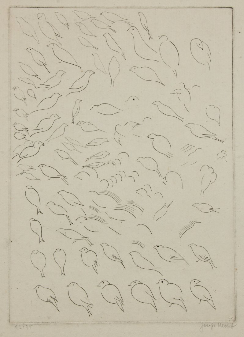 Joseph Hecht (British/Polish, 1891-1951) Oiseaux/Etude: Joseph Hecht (British/Polish, 1891-1951) Oiseaux/Etude (Birds/Study), 1938, drypoint, from an edition of 35, signed. Size: 15.75" x 11.5", 40 x 29 cm (sheet); 24" x 20", 61 x 51 cm (mat). Provenance: