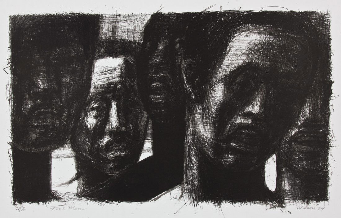 John Wilson (American, 1922-2015) "Five Men", 2004: John Wilson (American, 1922-2015) "Five Men", 2004, lithograph, from an edition of 56, signed, dated, titled and numbered. Size: 17.5" x 27", 44 x 69 cm (sheet). Provenance: Bob Brand and Liz Werthan,