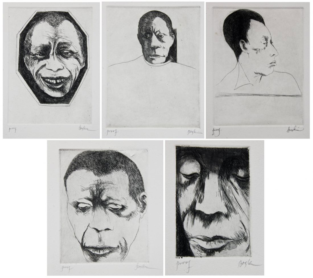 Leonard Baskin (American, 1922-2000) 5 "Artist Proof": Leonard Baskin (American, 1922-2000) 5 "Artist Proof" Portraits of James Baldwin, etchings, 1990, each signed. Ranging in size from 5.75" x 4.5", 15 x 11 cm (sheet) to 11.5" x 9", 29 x 23 cm (sheet).