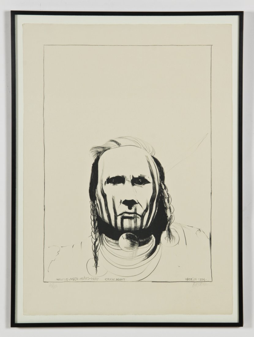 Leonard Baskin (American, 1922-2000) "White Man Runs: Leonard Baskin (American, 1922-2000) "White Man Runs Him / Crow Scout", 1974, lithograph, from an edition of 100, signed and numbered. Size: 41.5" x 29.5", 105 x 75 cm (sheet); 45" x 33", 114 x 84 cm