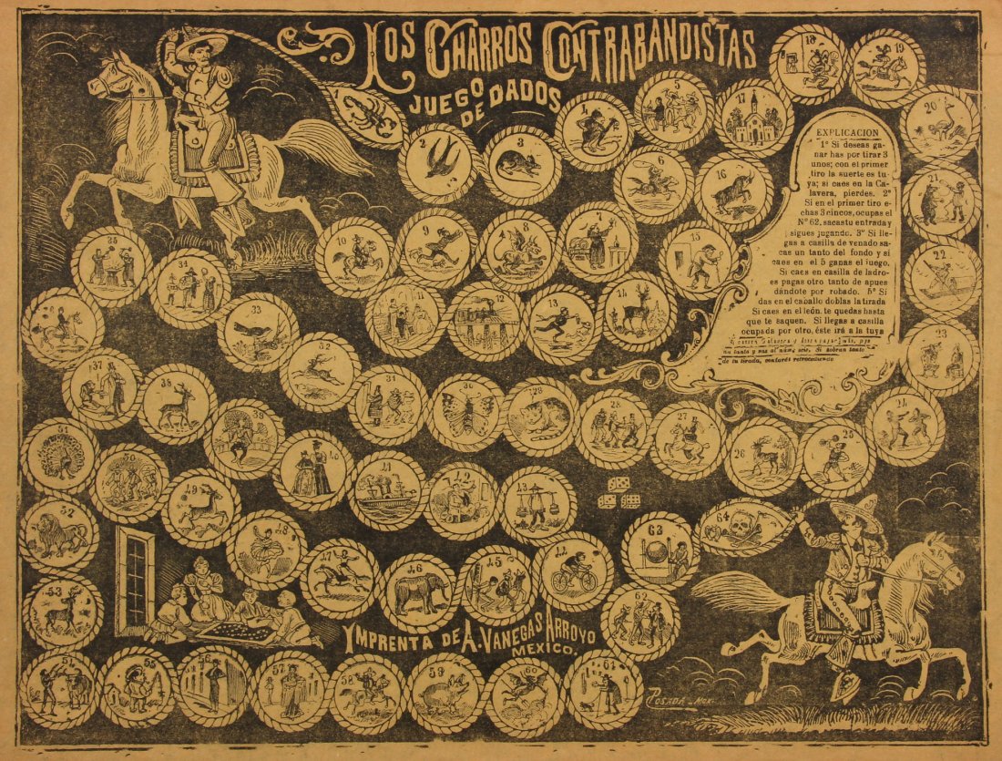 Jose Guadalupe Posada (Mexican, 1851-1913) "Los Charros: Jose Guadalupe Posada (Mexican, 1851-1913) "Los Charros Contrabandistas" (The Coyboy Smugglers), relief etching with letterpress. Size: 12" x 16", 30 x 41 cm (sheet); 20" x 24", 51 x 61 cm (mat). Prov