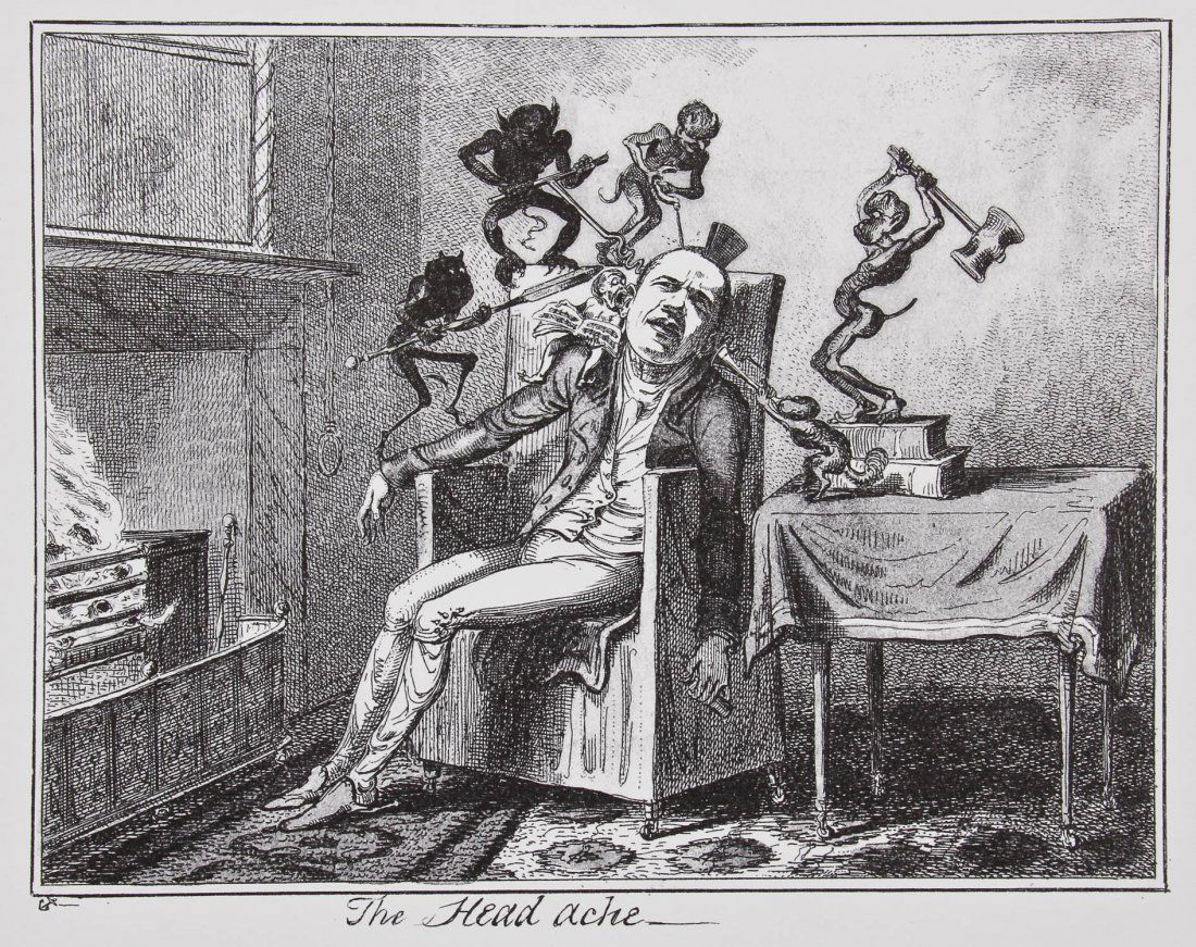 Enrique Chagoya (Mexican, b. 1953) "The Headache", 2010: Enrique Chagoya (Mexican, b. 1953) "The Headache", 2010, offset lithograph. Size: 15" x 21", 38 x 53 cm (sheet). Provenance: Bob Brand and Liz Werthan, Philadelphia.