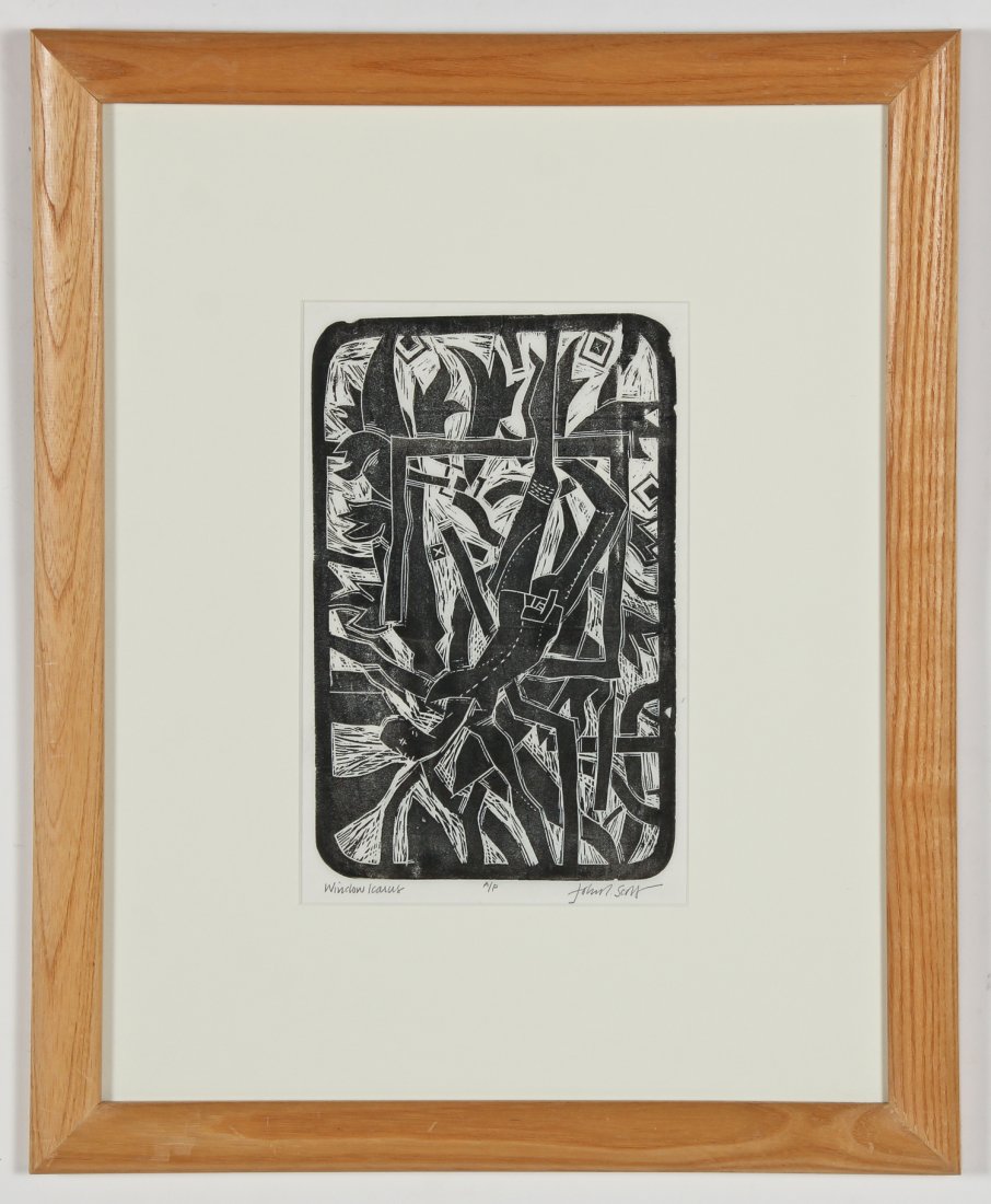 John T. Scott (American, 1940-2007) "Window Icarus",: John T. Scott (American, 1940-2007) "Window Icarus", 1992, Woodcut, Artist Proof, signed, numbered and titled. Size: 11.75" x 7.5", 30 x 19 cm (sight); 22" x 18", 56 x 46 cm (frame). Provenance: Bob B