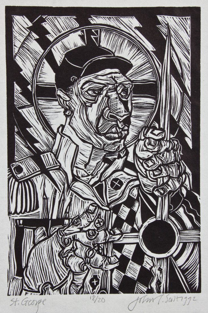 John T. Scott (American, 1940-2007) "St. George", 1992: John T. Scott (American, 1940-2007) "St. George", 1992, woodcut, from an edition of 20, signed, titled, numbered and dated. Size: 12" x 9.25", 30 x 23 cm (sheet). Provenance: Bob Brand and Liz Werthan