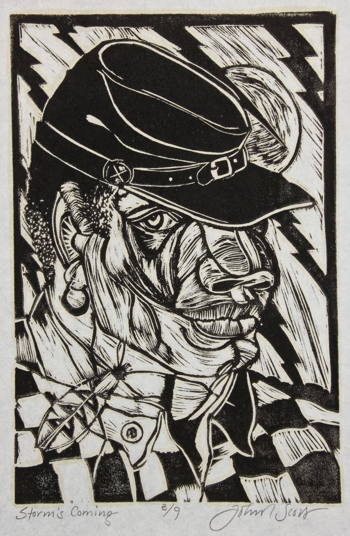 John T. Scott (American, 1940-2007) "Storm's Coming",: John T. Scott (American, 1940-2007) "Storm's Coming", 1992, woodcut, from an edition of 9, signed, titled and numbered. Size: 12" x 9", 30 x 23 cm (sheet). Provenance: Bob Brand and Liz Werthan, Phila