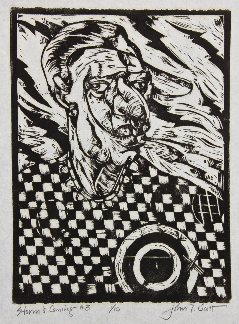 John T. Scott (American, 1940-2007) "Coming #3": John T. Scott (American, 1940-2007) "Coming #3", 1992, Woodcut, from an edition of 10, signed, titled and numbered. Size: 11.5" x 9", 29 x 23 cm (sheet). Provenance: Bob Brand and Liz Werthan, Philade