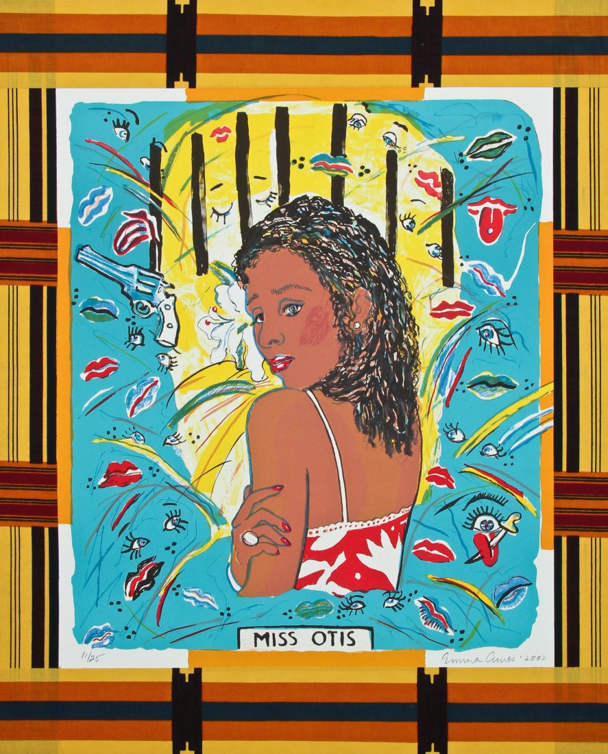 Emma Amos (American, b. 1938) "Miss Otis", 2002: Emma Amos (American, b. 1938) "Miss Otis", 2002, lithograph with fabric collage, from an edition of 25, signed, dated and numbered. Size: 26" x 21", 66 x 53 cm (sheet). Provenance: Bob Brand and Liz W