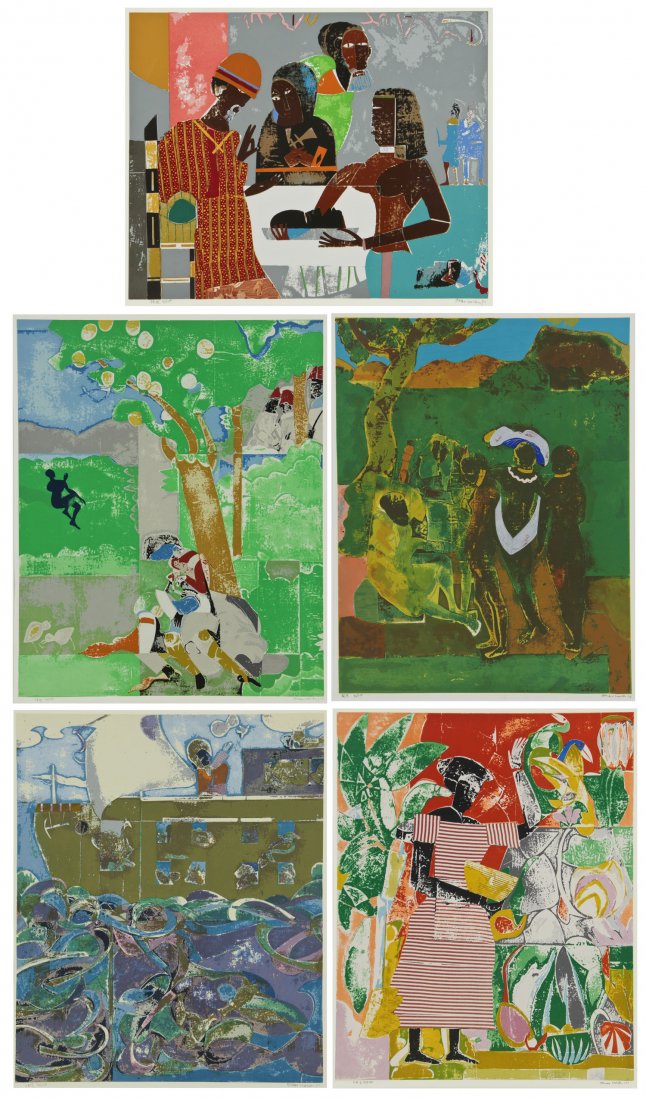 Romare Bearden (1911-1988) "Prevalence of Ritual": 5: Romare Bearden (American, 1911-1988) "Prevalence of Ritual Series", 1974, 5 screenprints, each from an edition of 100, each signed, numbered, dated, and framed: 1) "Noah, Third Day". Size: 37" x 31", 