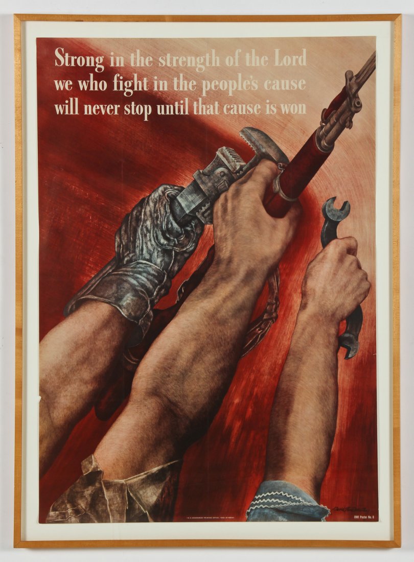 David Stone Martin (1913-1992) 1942 Poster: David Stone Martin (American, 1913-1992) "Strong in the Strength of the Lord We Who Fight in the People's Cause Will Never Stop Until That Cause Is Won", 1942, Poster. OWI Poster #8, U.S. Govt. printi