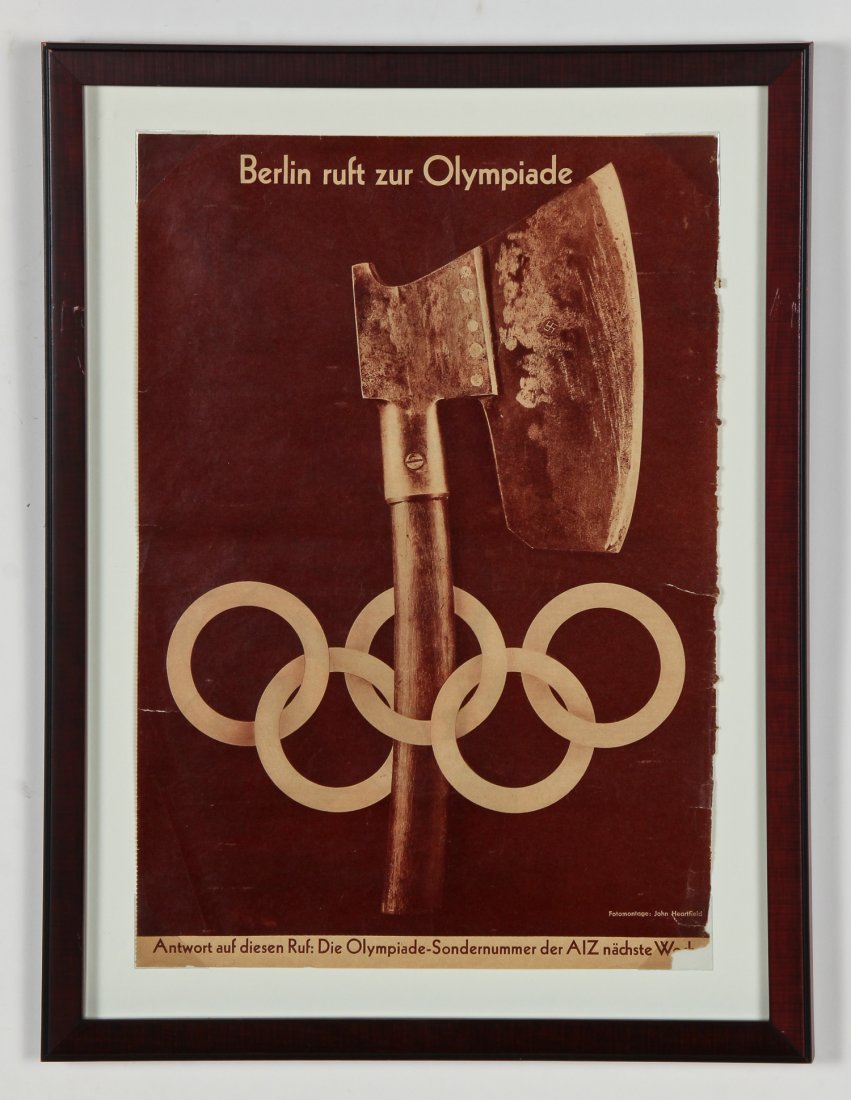 John Heartfield (German, 1891-1968) "Berlin Ruft Zur: John Heartfield (German, 1891-1968) "Berlin Ruft Zur Olympiade", framed photomontage from AIZ (Arbeiter-Illustrierte-Zeitung), offset lithographic magazine, June 1936. Size: 15" x 10.5", 38 x 27 cm (s