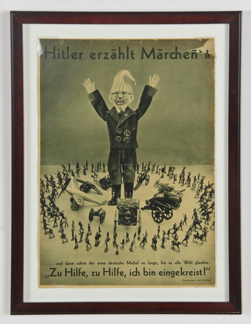 John Heartfield (German, 1891-1968) "Hitler Erzahlt: John Heartfield (German, 1891-1968) "Hitler Erzahlt Marchen II", framed photomontage from AIZ (Arbeiter-Illustrierte-Zeitung), offset lithographic magazine, 1936. Size: 14.75" x 10.5", 37 x 27 cm (she