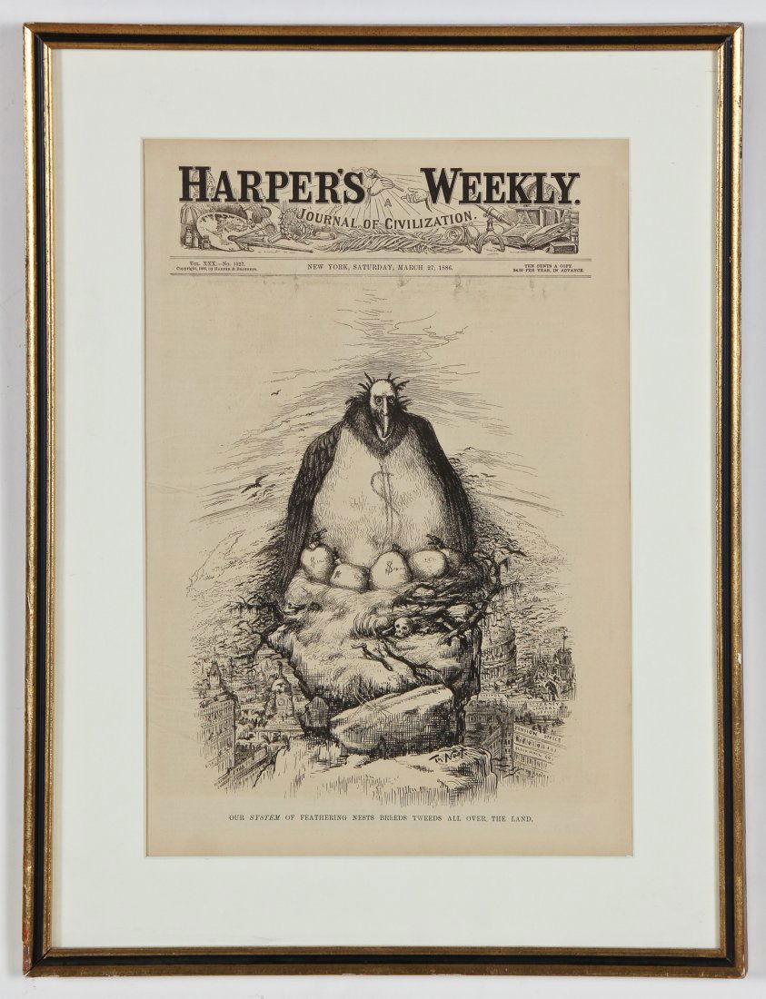 Thomas Nast (American, 1840-1902) "Our System of: Thomas Nast (American, 1840-1902) "Our System of Feathering Nestsâ€°Ã›_" (From Harper's Weekly), 1886, wood engraving. Size: 15.75" x 10.75", 40 x 27 cm (sight); 20.75" x 15.75", 52 x 40 cm (fr