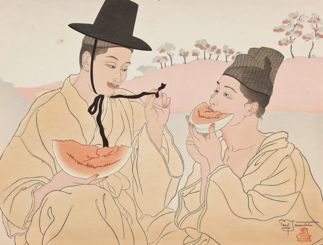 Paul Jacoulet (French, 1902-1960) "Les Pasteques: Paul Jacoulet (French, 1902-1960) "Les Pasteques Jo-Hoku-Ri Coree" (The Water Melons), 1939, woodcut with embossing, signed and stamped. Size: 11.75" x 15.5", 30 x 39 cm (sheet). Provenance: Bob Brand