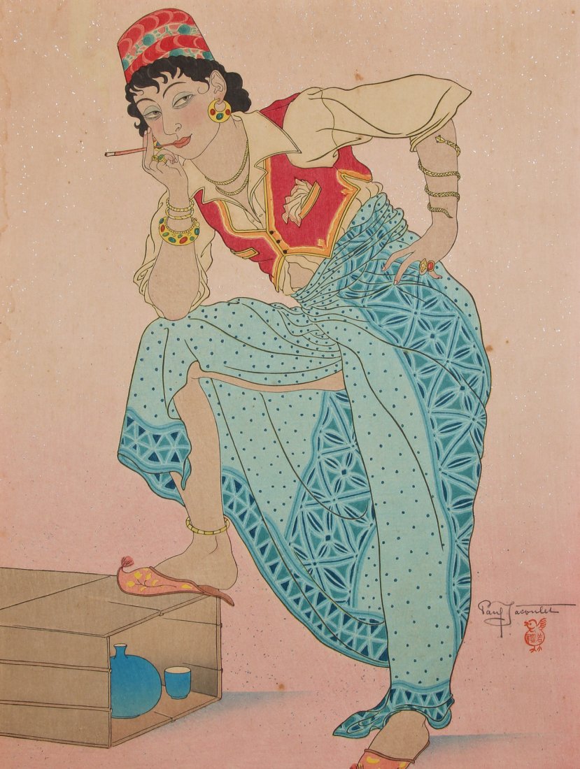 Paul Jacoulet (French, 1902-1960) "L'Attente Celebes: Paul Jacoulet (French, 1902-1960) "L'Attente Celebes Menado" (Waiting in Menado), 1947, woodcut with silver foil flecking, sparrow seal, Miles 86, signed. Size: 15.75" x 11.75", 40 x 30 cm (sheet). Pr
