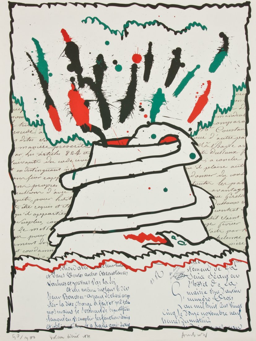 Pierre Alechinsky (Belgian, b. 1927) "Volcano Decrit",: Pierre Alechinsky (Belgian, b. 1927) "Volcano Decrit", 1971, lithograph, from an edition of 300, signed, titled, numbered and dated. Size: 25.75" x 19.5", 65 x 50 cm (sheet). Provenance: Bob Brand and