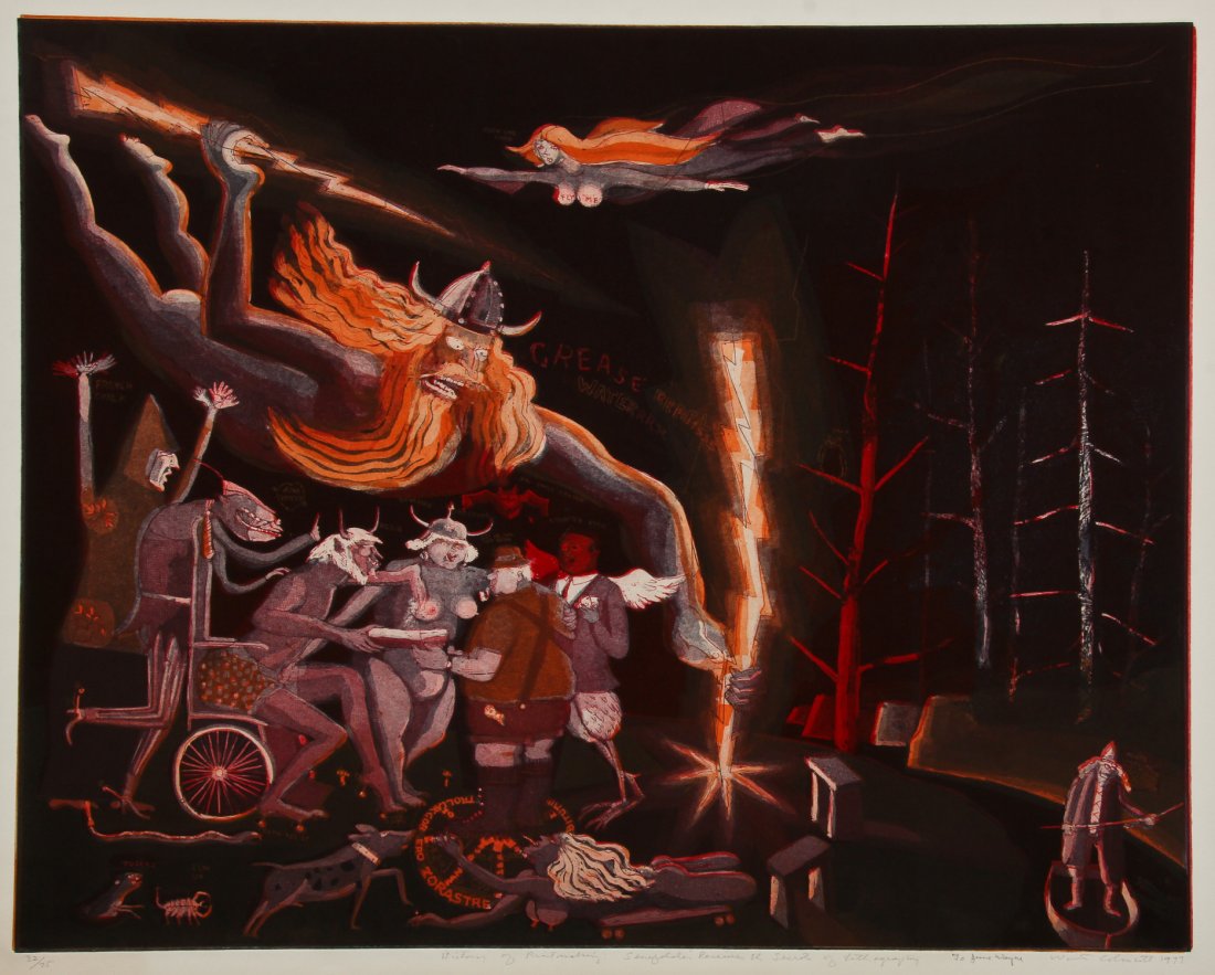 Warrington Colescott (American, b. 1921) "A History of: Warrington Colescott (American, b. 1921) "A History of Printmaking - Senefelder Receives the Secret of Lithography", 1977, etching, aquatint, softground, from an edition of 75, signed, numbered, title