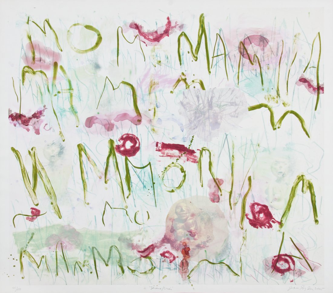 Joan Snyder (American, b. 1940) "Serene/Cries", 2005: Joan Snyder (American, b. 1940) "Serene/Cries", 2005, digital print with lithography, carborundum etching, and chine colle, from an edition of 50, signed, dated, titled and numbered. Size: 36" x 40",