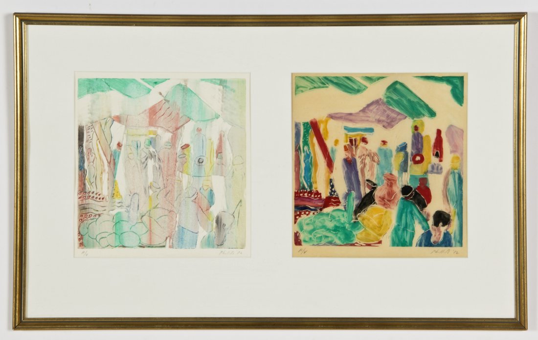 Matt Phillips (American, b. 1927) Two Works, Framed: Matt Phillips (American, b. 1927) Two Works: 1) "Large Bazaar" (1 of 2), 1982, Linocut with monotype, from an edition of 2, signed and dated; 2) Large Bazaar (2 of 2), 1982, linocut with monotype, fro