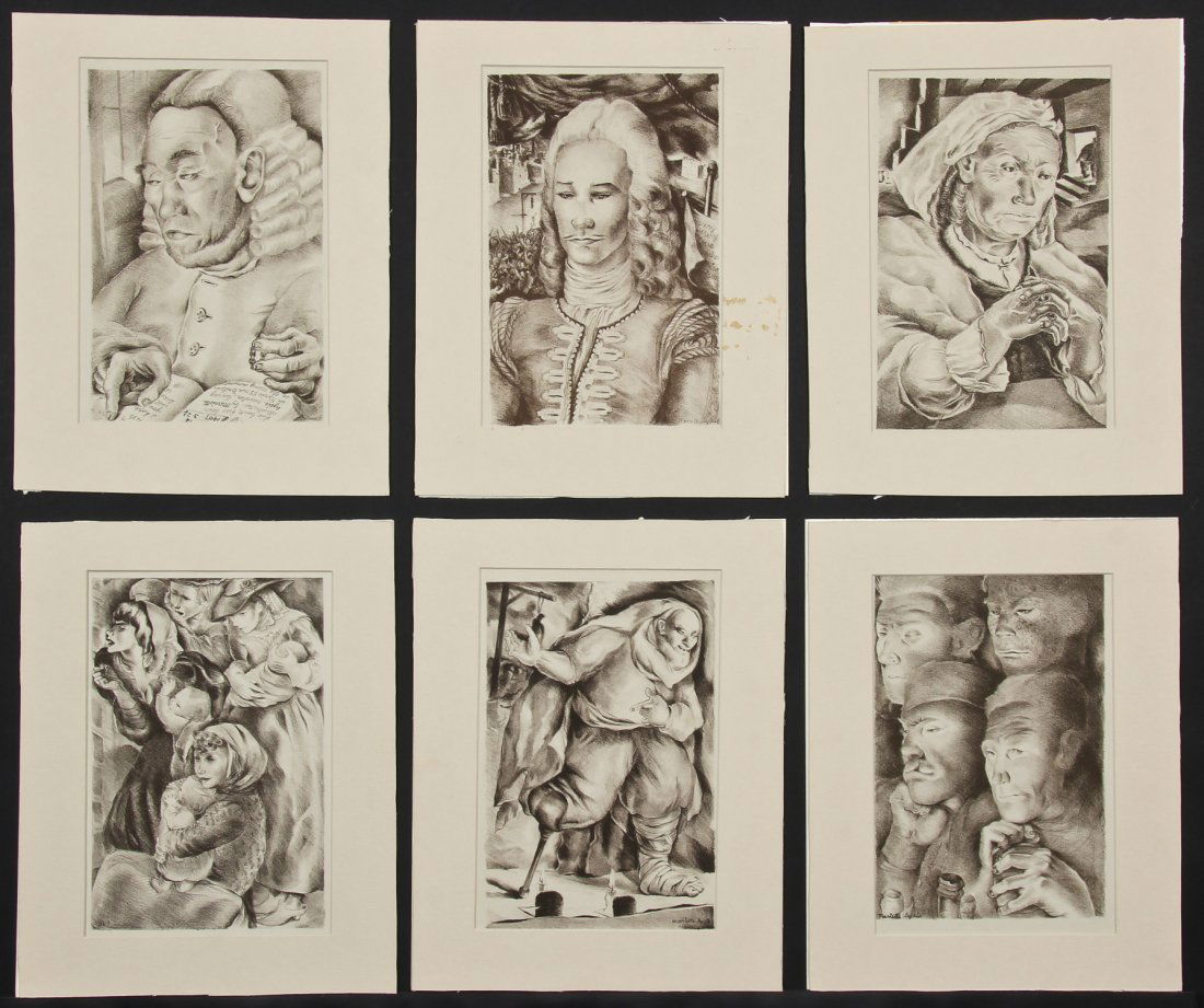 Mariette Lydis (French, 1890-1970) "Threepenny Opera",: Mariette Lydis (French, 1890-1970) "Threepenny Opera", 1936, set of 6 lithographs, 1 signed in plate: 1) Mrs. Peachum; 2) The Beggar; 3) Macheath Gang; 4) Four Women with a Child a Piece; 5) Captain M