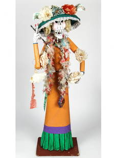 Life-Size Day of Dead La Calavera Catrina Skeleton: A Life-Size Day of the Dead La Calavera Catrina Skeleton, in the style of Pedro Linares, late 20th c; an impressive mixed media and papier mache sculpture of an iconic La Calavera Catrina ('Dapper Ske