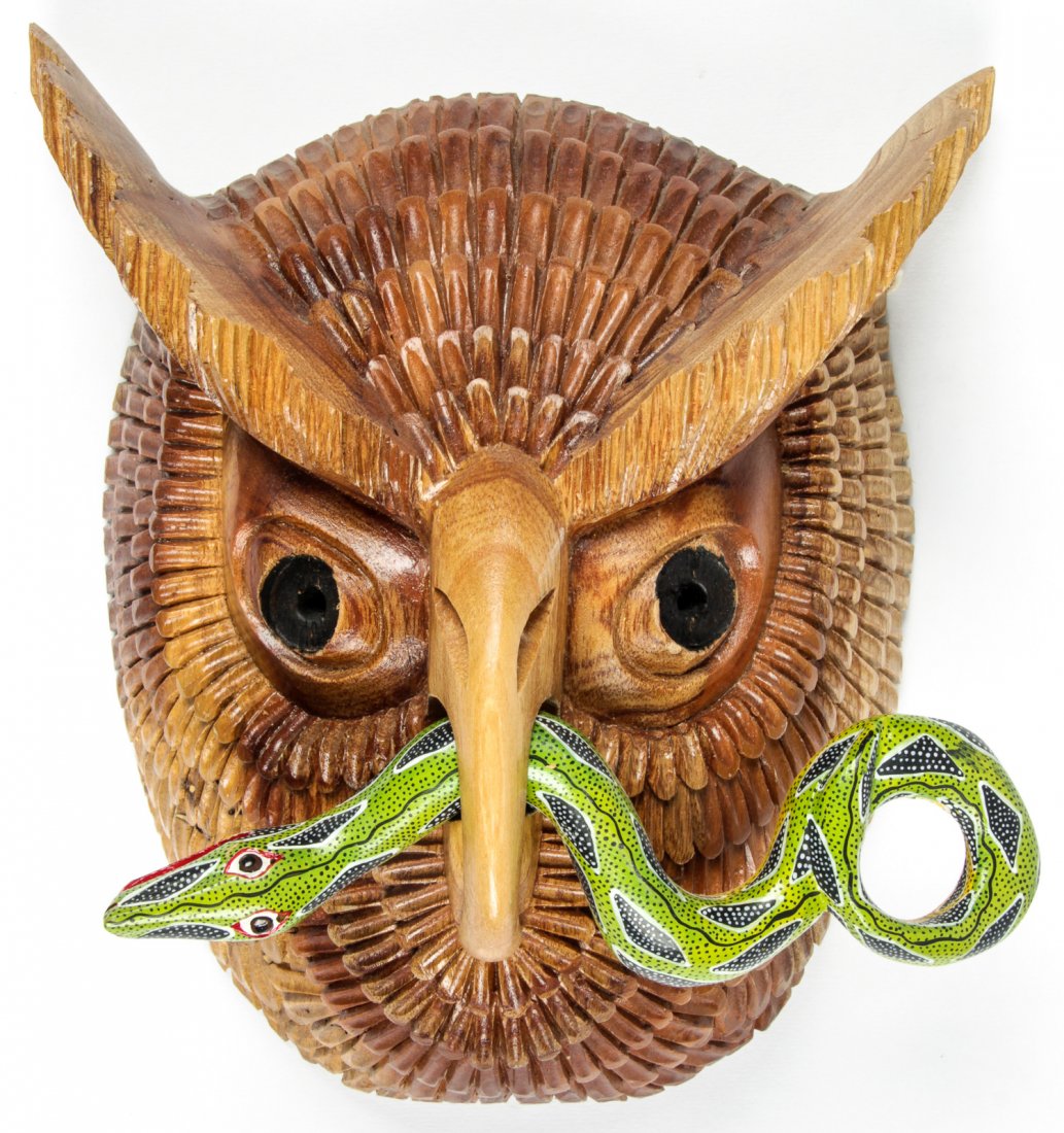 Finely Carved and Signed Juan Horta Owl and Snake Mask (1 of 4)
