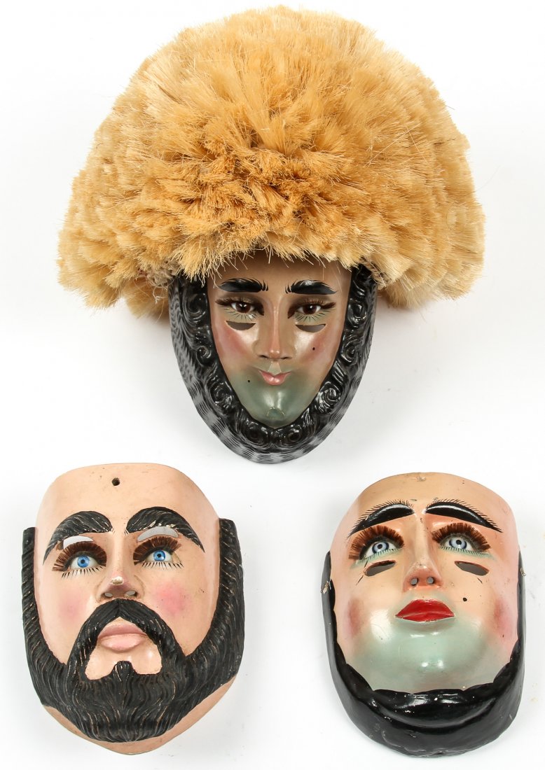 3 Vintage Mexican Festival Parachicos/Dandies Masks: 3 Vintage Mexican Festival Parachicos/Dandies Masks, one with montera. Chiapas State. Mixed media, wood; glass; false eyelashes; oil-based paint; ixtle fibers. Largest Size: 14" x 13" x 13" (36 x 36 x