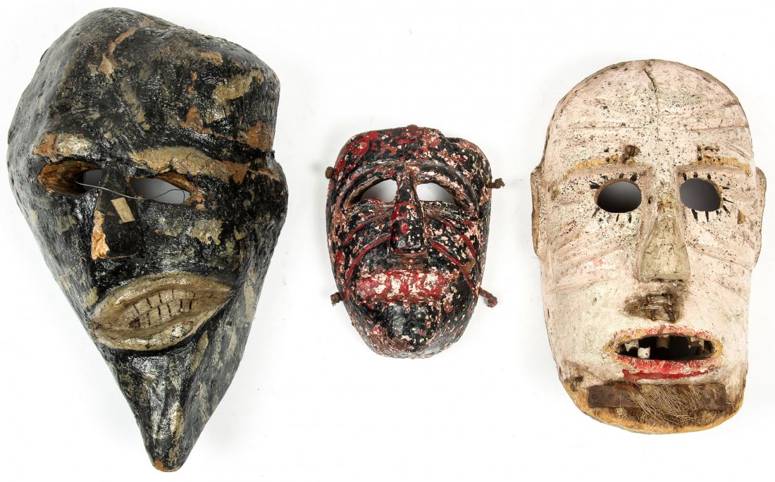 3 Rustic Mexican Festival Masks: 3 Rustic Mexican Festival Masks. Including a Jalisco Fool, a Guerrero Fisherman, and a Guerrero Pastorela mask. Mixed media, carved wood, paint. Largest Size: 14" x 9" x 6" (36 x 23 x 15 cm). Provenan