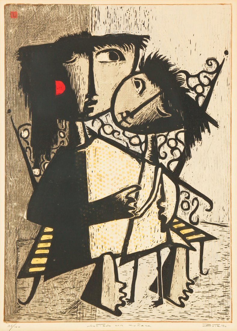 Angel Botello (Puerto Rican, 1913-1986) "Sentada con: Angel Botello (Puerto Rican, 1913-1986) "Sentada con Muneca", original block print, from an edition of 100, numbered, titled and signed along lower margin. Size: 22" x 16", 56 x 41 cm (sight); 31.25" 