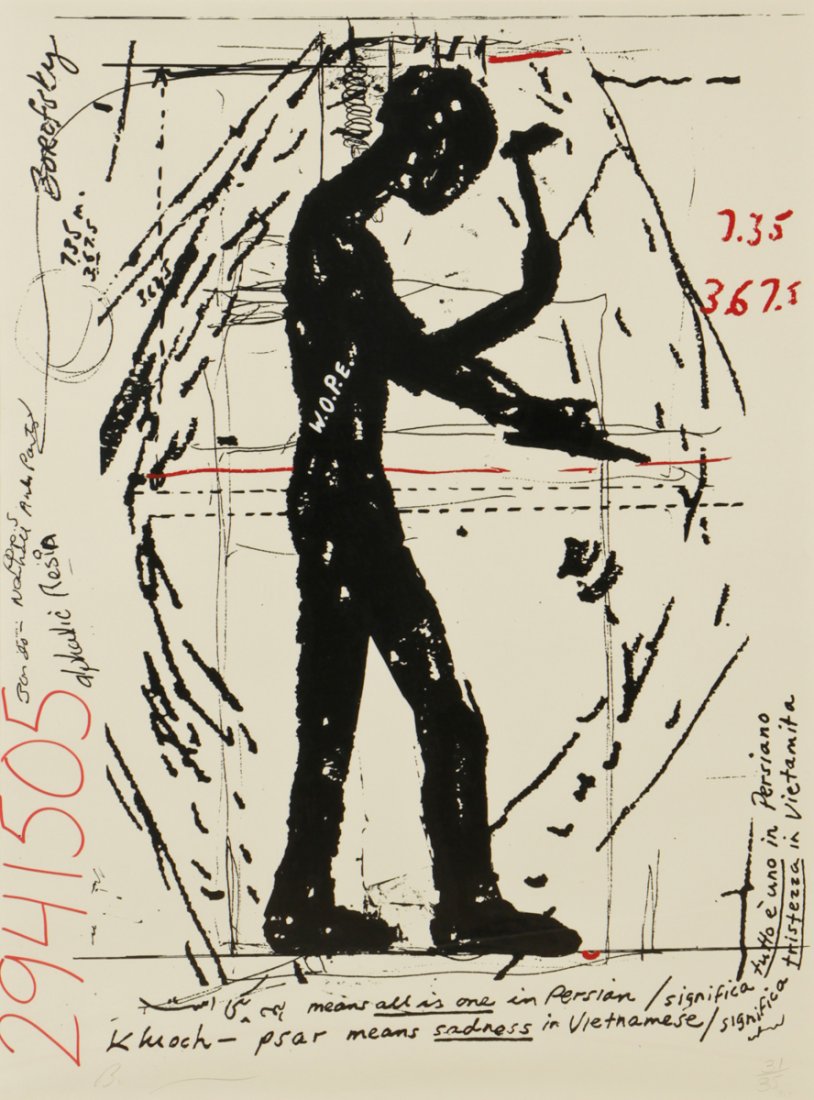 Jonathan Borofsky (b. 1942) "Workers of the Planet: Jonathan Borofsky (American, b. 1942) "Workers of the Planet Earth", 1985, screenprint, from an edition of 35, signed and numbered. Size: 52.5" x 39.5", 133 x 100 cm (sight); 57.5" x 43.75", 146 x 111