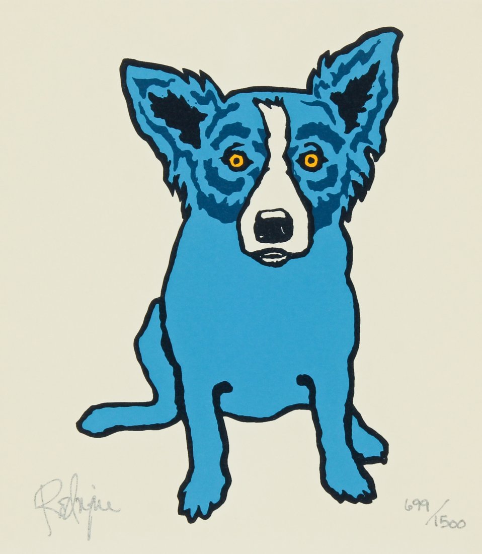 George Rodrigue (American, 1944-2013) "Blue Dog": George Rodrigue (American, 1944-2013) "Blue Dog", screenprint, from an edition of 1500, signed and numbered. Size: 9.5" x 8.5", 24 x 22 cm (sight); 17.75" x 16.75", 45 x 43 cm (frame).