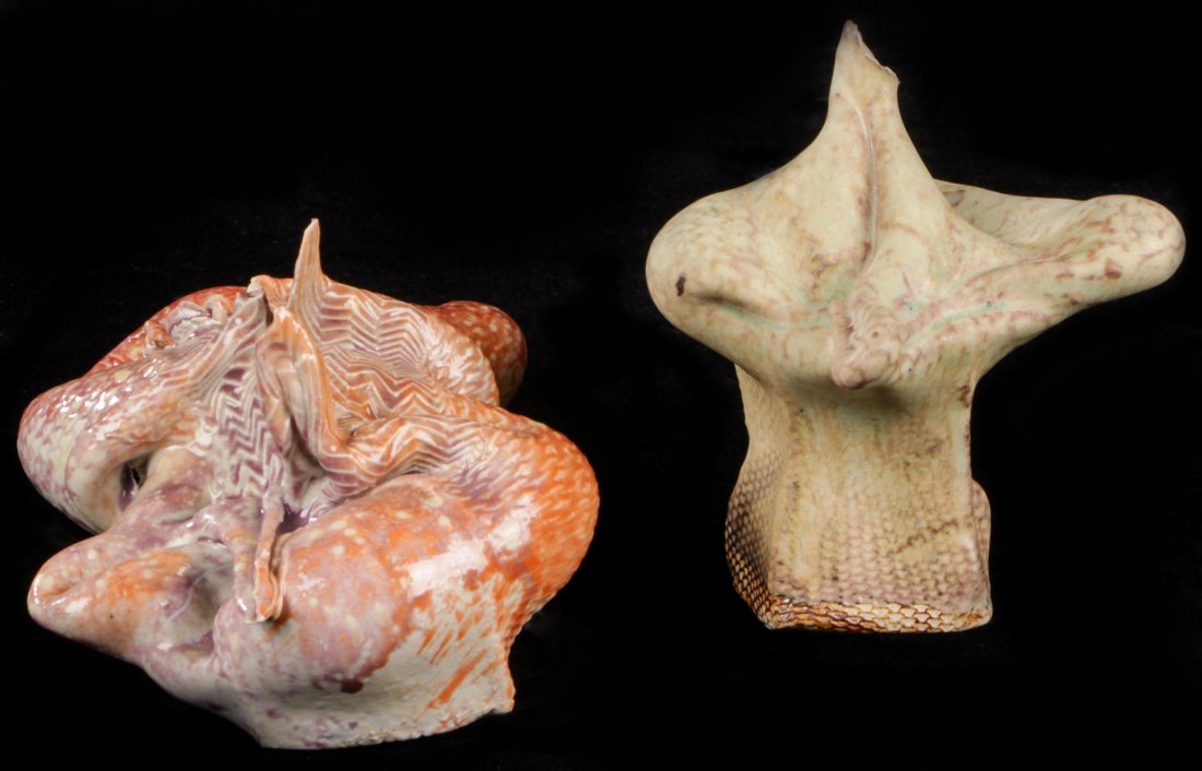 Steve Tobin (American, b. 1957) Ceramic Works (2): Steve Tobin (American, b. 1957) Ceramic Works (2). Two small organic shaped ceramic vessel sculptures. Size: 4" x 4.5" x 7" (10 x 11 x 18 cm) and 5" x 5.5" x 4.5" (13 x 14 x 11 cm).